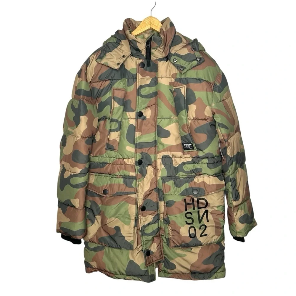 HUDSON JEANS Camo Quilted & Hooded Parka Puffer Men’s Winter Coat Size Small